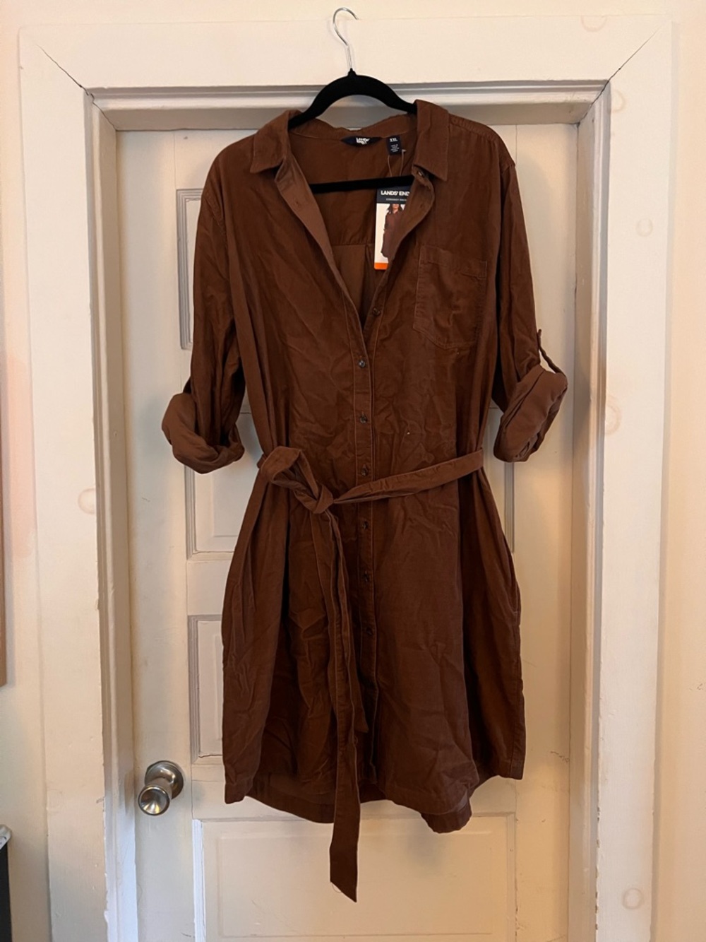 Lands' End Chestnut Brown Button-Front Shirt Dress with Tie Waist